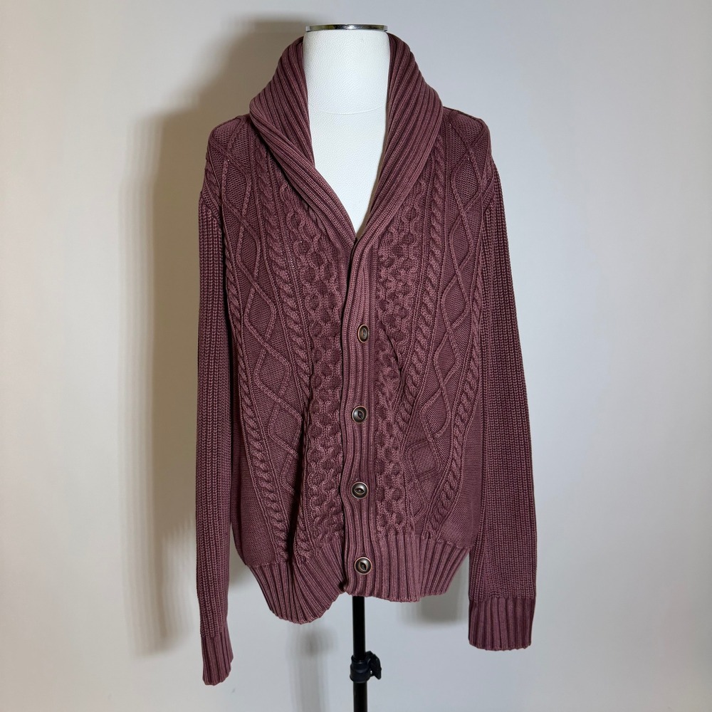 LL Bean Signature Chunky Cable Knit Fisherman Cardigan Sweater Mens Medium Linen